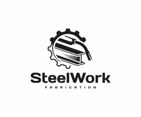 Steel fabrication logo design. Welding torch with steel beam in gear wheel vector design. Metal industry logotype