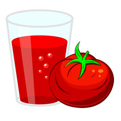 Glass of tomato juice and  red tomato. Simple flat vector illustration isolated on white background.