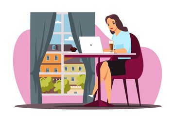 Woman sits at laptop, drink coffee, at home office