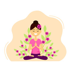 Vector illustration of beautiful woman character doing yoga. Young lady with welcome gesture of hands. Namaste mudra.