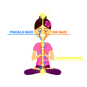 Vector illustration of beautiful woman character sitting in yoga pose.The three main nadis: ida, pingala, and sushumna. Energy channels.