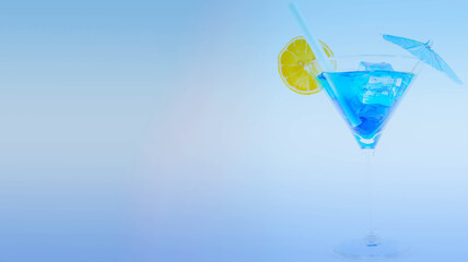 Blue cocktail in a martini glass with lemon and ice cubes, a refreshing alcoholic drink based on vodka and blue liqueur