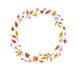 Autumn cute berries and leaves in circle wreath on white background. Fall doodle frame illustration in vector