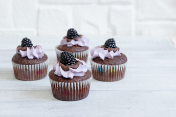 Delicious cupcakes with lilac cream   and blackberries.