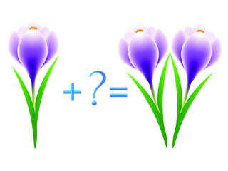 Educational game for children, illustration of mathematical addition, examples with crocuses.