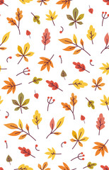 Autumn leaves pattern. Cute colorful fall illustration. Flat autumnal design with leaves and berries