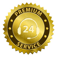 Premium Service and support around the clock 24 hours a day & 7 days a week gold label icon