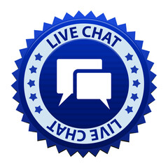 Live chat blue label with speech balloons or bubbles icon or symbol isolated on white background. Vector illustration