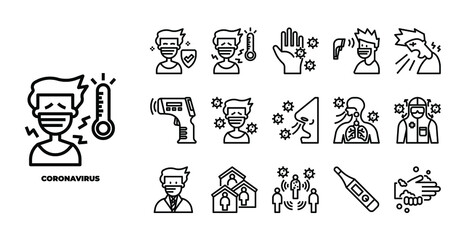 Coronavirus and medical element isolated icon set on white background. expanded stroke. vector and illustration