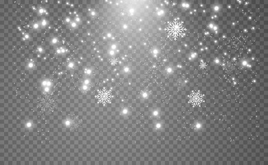 Snowfall. A lot of snow on a transparent background. Christmas winter background. Snowflakes falling from the sky.