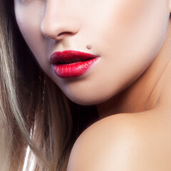 Red Lips, naked shoulder, young woman beauty part of face, make-up, perfect skin