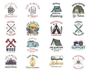Naklejka premium Camping adventure badges logos set, Vintage travel emblems. Hand drawn line art stickers designs big bundle. Hiking expedition, campers quotes labels. Outdoor camper insignias. Stock vector set