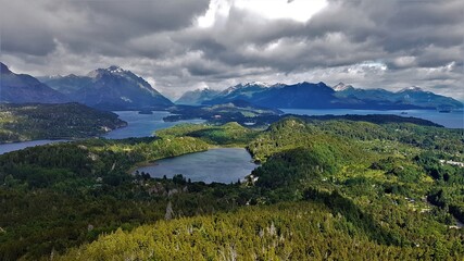 Bariloche, Patagonia, Argentina. Wonderful scenic landscape over mountains, lakes and forests in a cloudy day.
