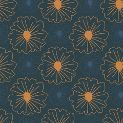 Fototapeta na wymiar Orange contoured flowers seamless pattern on dark blue background. Simple botanic backdrop.