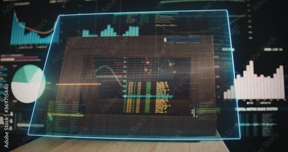 Poster workplace with screens and modern glass tablet monitor with hacker code and financial data