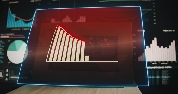 Modern workplace home office with red negative graph moving down chart as decrease and business failure