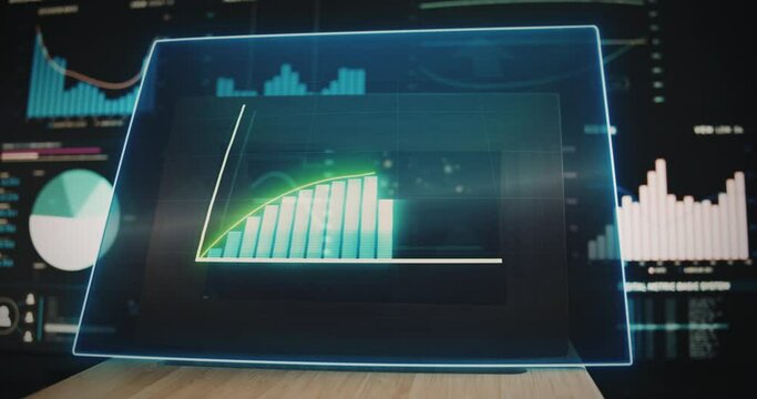 Modern workplace home office with green graph moving up chart as growth and business success