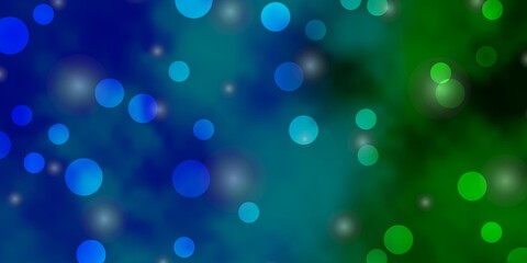 Light Blue, Green vector template with circles, stars. Illustration with set of colorful abstract spheres, stars. Pattern for business ads.