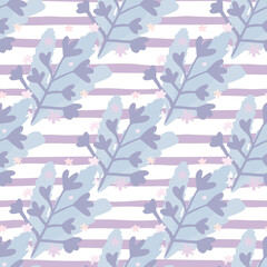 Winter foliage bouquet seamless pattern. Blue branches elements and white background with lilac strips.
