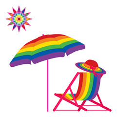 LGBT symbols. Rainbow-colored sun, beach umbrella, deck chair, summer hat. Vector illustration on a white background.