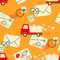 Seamless vector pattern with delivery truck on yellow background. Mail service wallpaper design with fast transport. Vintage envelope fashion textile.