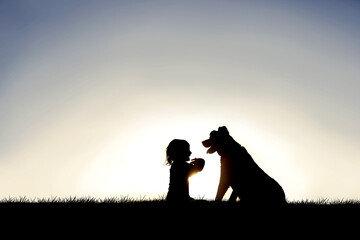 Fototapeta na wymiar Silhouette of Sweet Little Child Sitting Outside with her Loyal Family Pet Dog