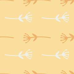 Flower doodle shapes seamless pattern in beige and white colors. Light pastel orange background.