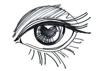 Female eye left, graphic drawing with marker. Illustration isolated on white background