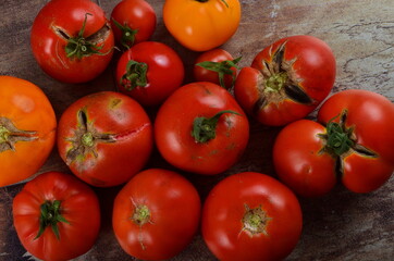 Abundance ripe organic tomatoes on dark rustic background. Colorful tomatoes 