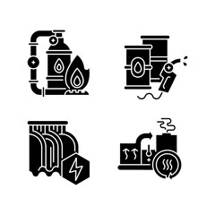 Power manufacturing black glyph icons set on white space. Natural gas extraction, petroleum refinery, hydroelectric dam and heat recovery system silhouette symbols. Vector isolated illustrations