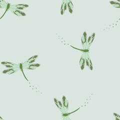 Seamless vector pattern with dragonfly's on grey background. Simple insect wallpaper design. Home decoration fashion textile.