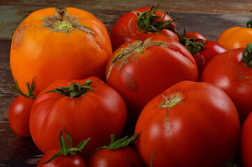 Abundance ripe organic tomatoes on dark rustic background. Colorful tomatoes 
