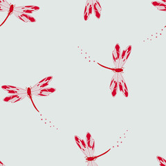 Seamless vector pattern with red dragonfly on blue background. Simple wallpaper design with flying bugs. Beautiful fashion textile.