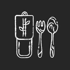 Bamboo cutlery chalk white icon on black background. Eco friendly lifestyle, zero waste policy. Handmade wooden tableware, biodegradable fork and spoon isolated vector chalkboard illustration