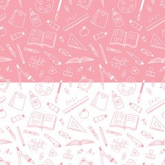 Seamless pattern of hand-drawn stationery objects. Color vector illustration for wrapping, fabric, wallpaper.