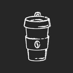 Reusable coffee cup chalk white icon on black background. Biodegradable container for drinks. Coffee break, responsible consumption. Paper cup with beverage isolated vector chalkboard illustration