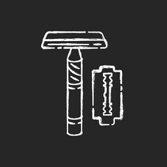 Reusable razor chalk white icon on black background. Responsible consumption, zero waste. Personal hygiene accessory, shaving razor with replaceable blade isolated vector chalkboard illustration