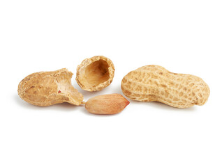 heap of peanuts in shell and broken, food isolated on white background