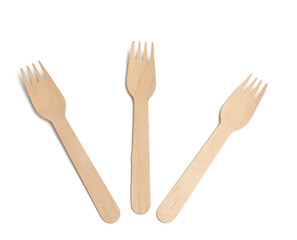 disposable wooden forks for fast food and picnic isolated on n white background