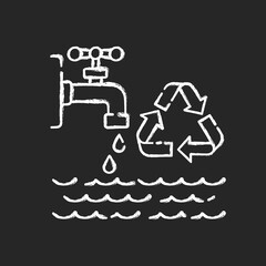 Reducing water use chalk white icon on black background. Zero waste lifestyle advice, resources economy. Responsible consumption. Water reuse and recycling. Isolated vector chalkboard illustration