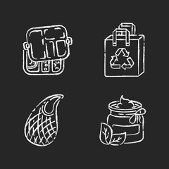 Environmentally safe products chalk white icons set on black background. Mesh bag, organic cosmetics, reusable bag and lunch box. Sustainable lifestyle. Isolated vector chalkboard illustrations