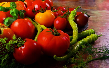 Red, ripe tomatoes and basil, dill and green chilli pepper on a dark background. Harvesting organic tomatoes