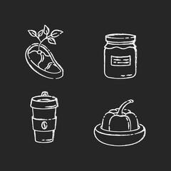 Zero waste food chalk white icons set on black background. Vegan meat, glass jar, reusable coffee cup and food savers. Sustainable lifestyle accessories. Isolated vector chalkboard illustrations