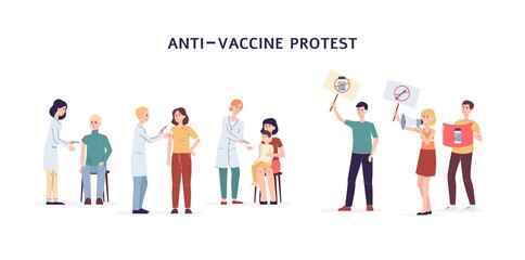 Fototapeta na wymiar Anti vaccine protest banner. Cartoon people protesting vaccinations.