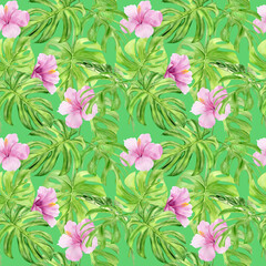 Watercolor illustration seamless pattern of tropical leaves and flower hibiscus. Perfect as background texture, wrapping paper, textile or wallpaper design. Hand drawn