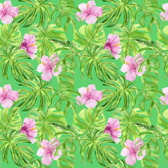 Watercolor illustration seamless pattern of tropical leaves and flower hibiscus. Perfect as background texture, wrapping paper, textile or wallpaper design. Hand drawn