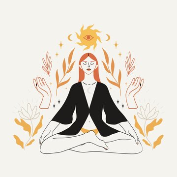 Meditating woman sitting in lotus pose in boho style with celestial bodies, mystic and floral elemets. Concept of spirituality, third eye, magic, zen for logo, emblem, print design.