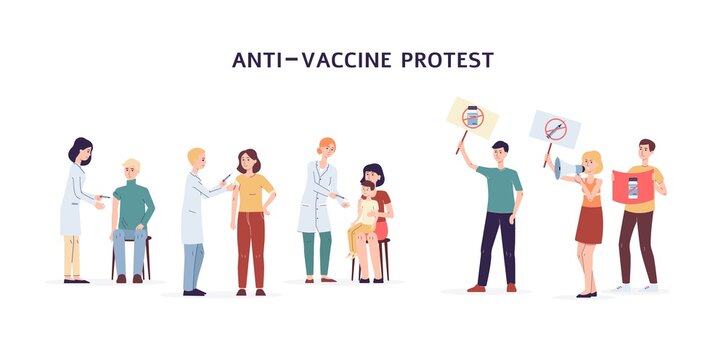 Anti vaccine protest banner. Cartoon people protesting vaccinations.