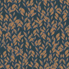 Autumn seamless pattern with little foliage ornament. Fall floral print in orange and navy blue tones.