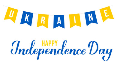 Ukraine Independence Day calligraphy hand lettering with flags isolated on white. National holiday celebrated on August 24. Vector template for typography poster, banner, greeting card, flyer, etc